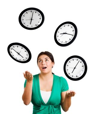 Time management woman juggling clocks